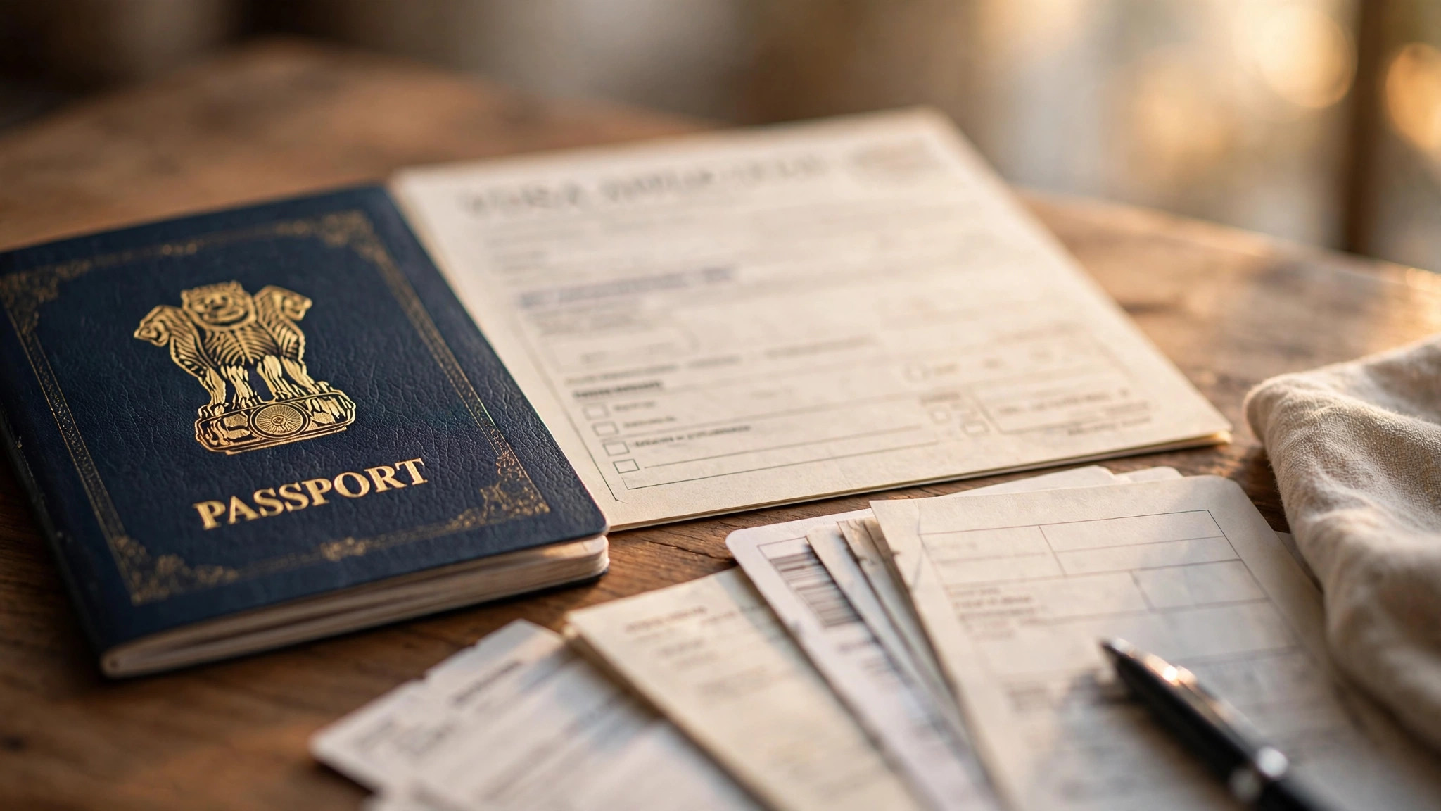 Indian passport and travel documents arranged on a wooden desk for Hong Kong Pre-Arrival Registration