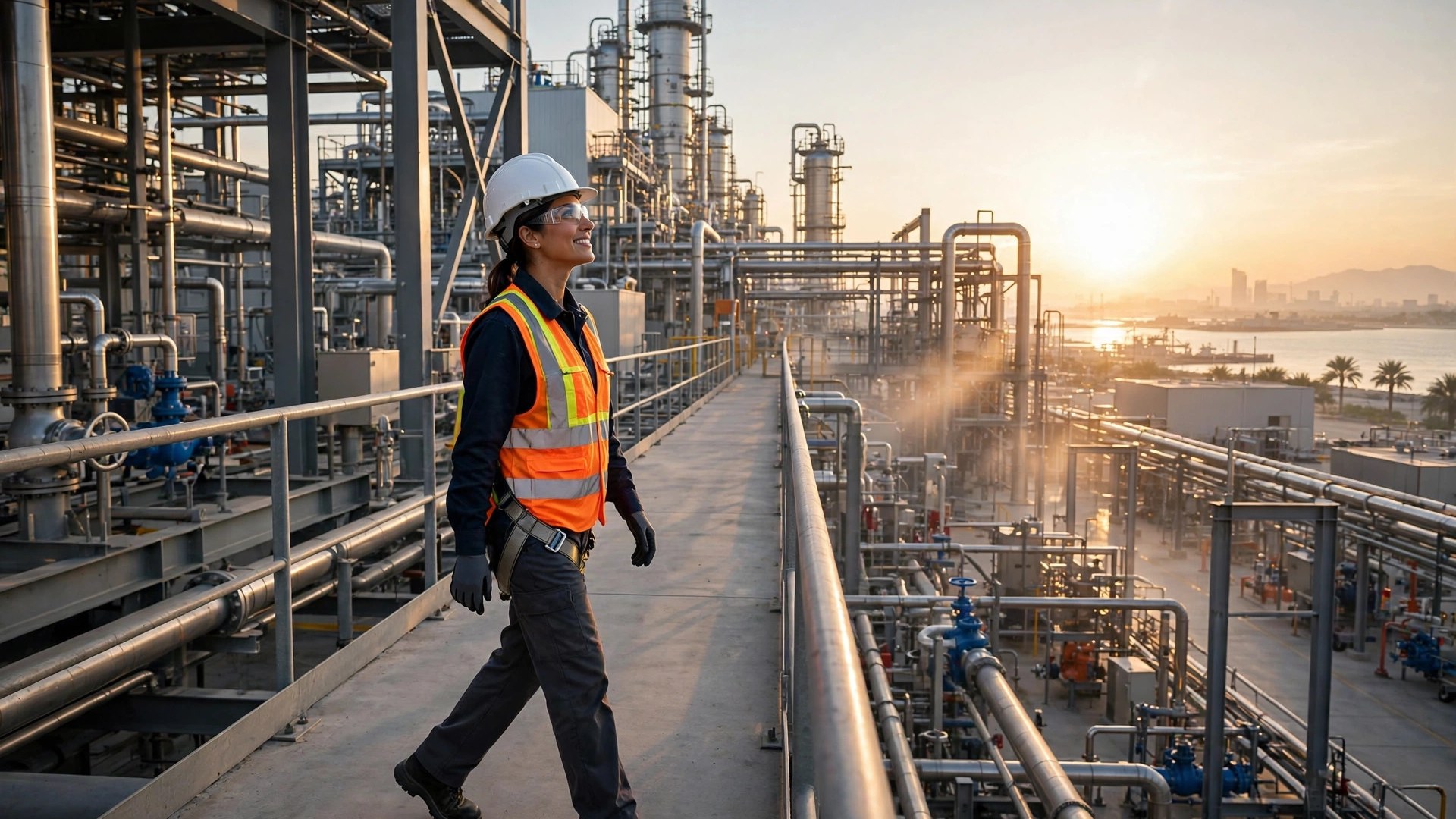 Bahrain Work Permit Update: New 90-Day Temporary Work Rule Worker in safety gear walking through a modern industrial facility in the Gulf at sunrise