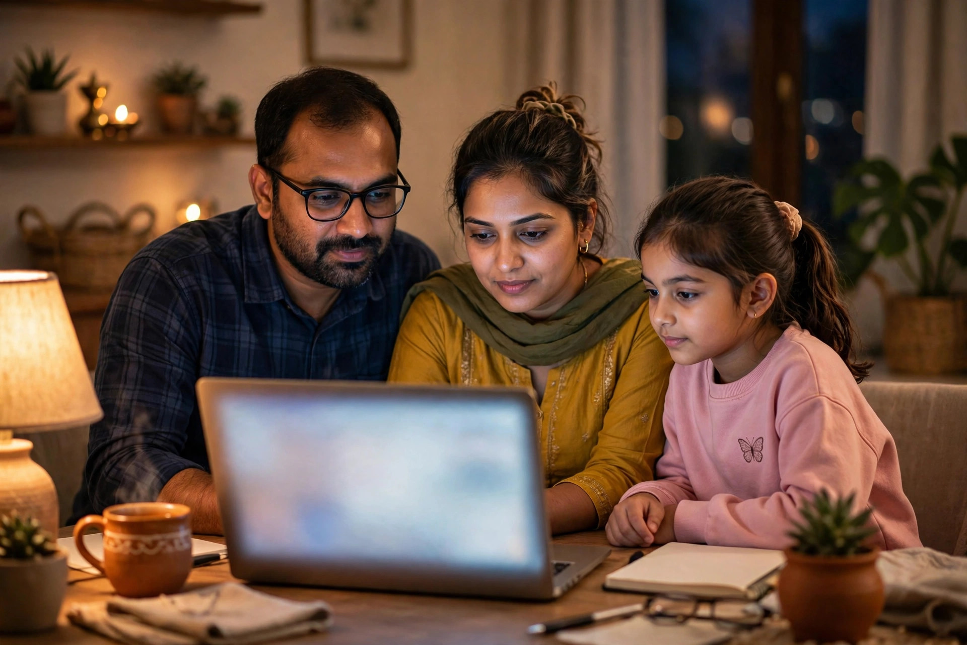 Indian family reviewing Australia visa guidance on a laptop at home in warm evening light
