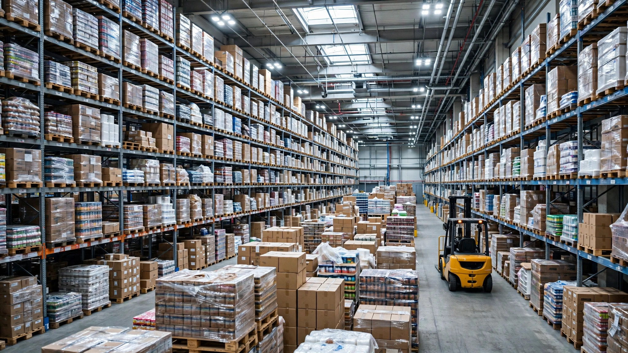 Hungary Work Permit for Indians: Warehouse Jobs Reality Check Hungary warehouse jobs - warehouse aisles with stacked goods and forklift in a European logistics centre