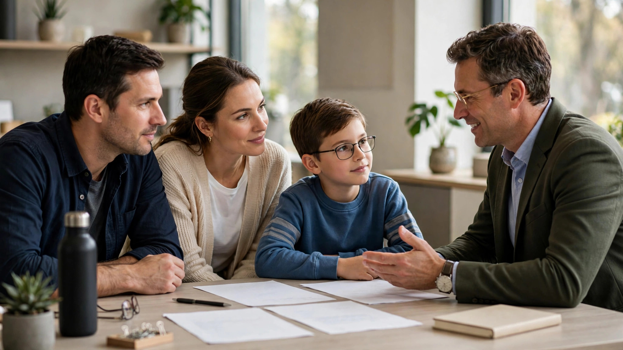 Honest visa consultancy - family calmly discussing documents with a consultant at a clean office desk