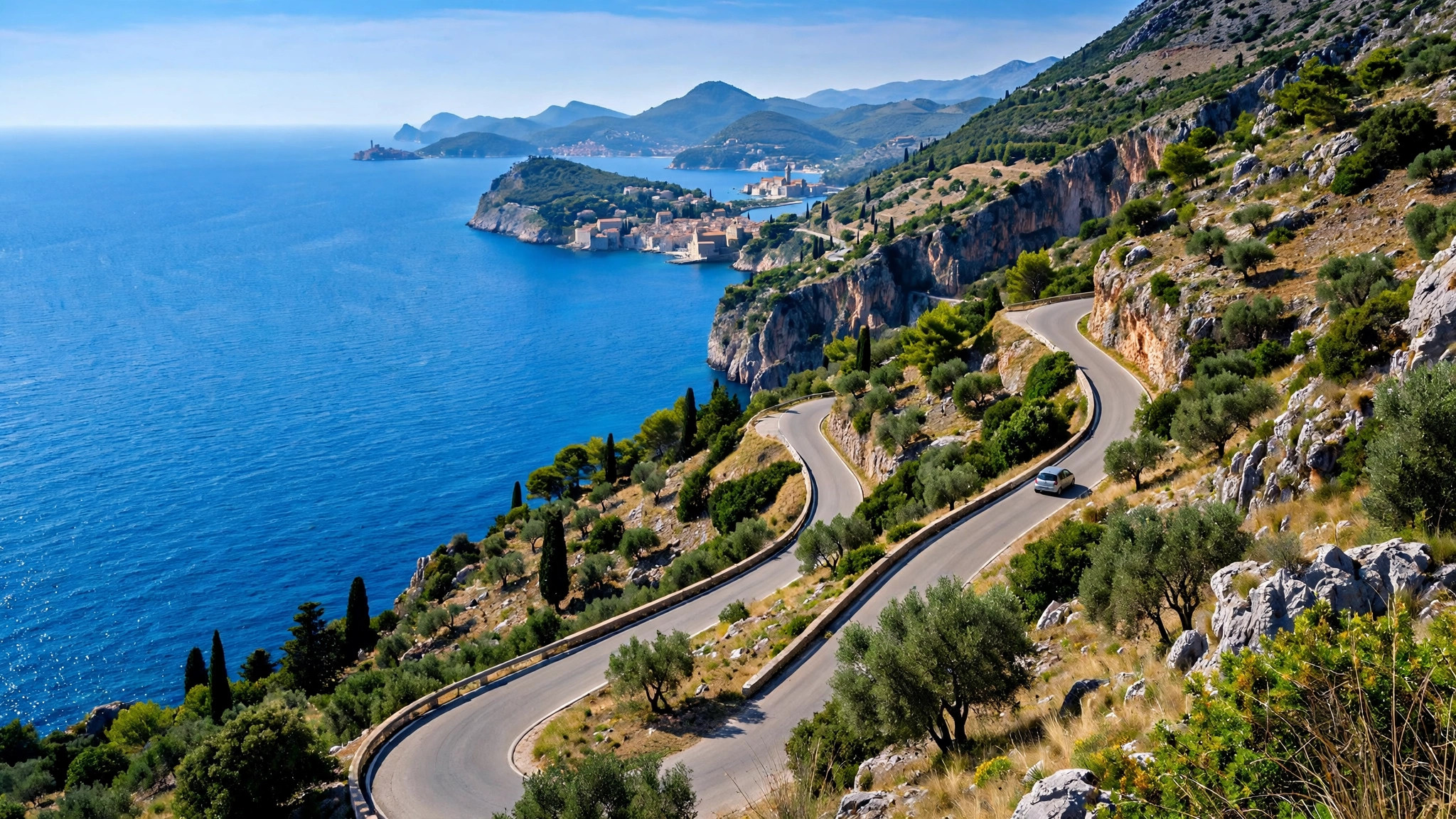 Winding coastal road in the Balkans with a car, blue sea and old stone towns