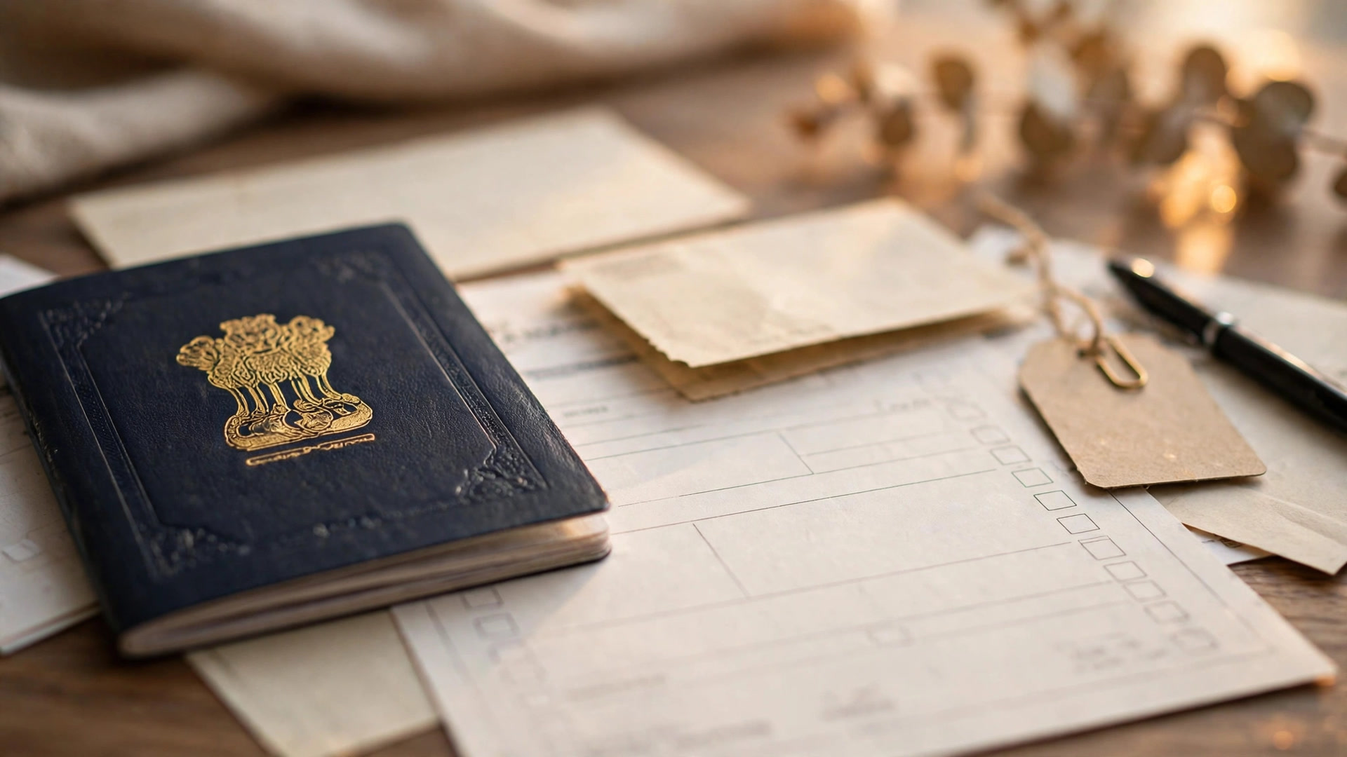 Indian passport and visa application documents arranged on a desk