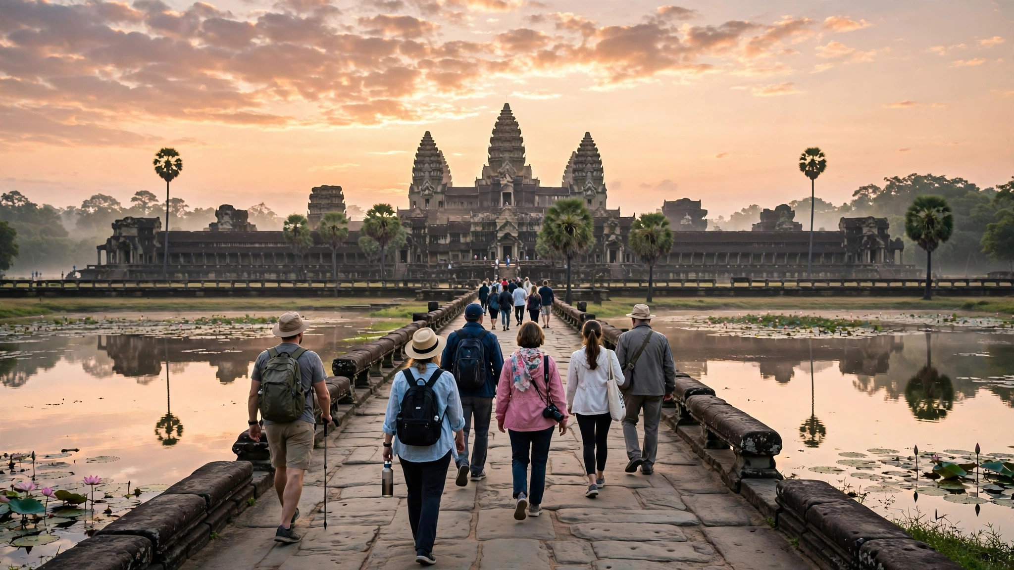 Cambodia E-Visa for Indians: No Sticker in Passport Now Tourists walking on causeway towards Angkor Wat at early morning