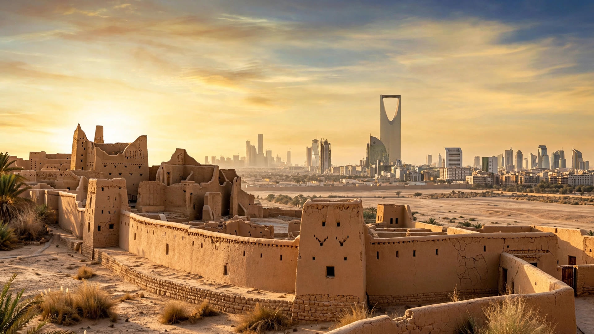 Riyadh modern skyline and Diriyah heritage walls in golden light