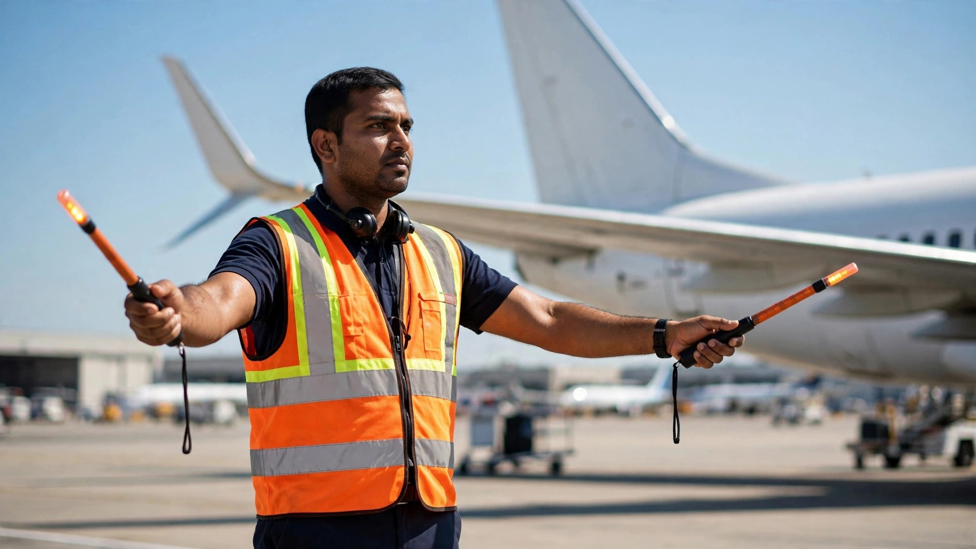 Gulf Jobs for Indians: Saudi Airport Jobs Drive in Chennai Indian airport worker with marshalling wands signalling on sunny apron