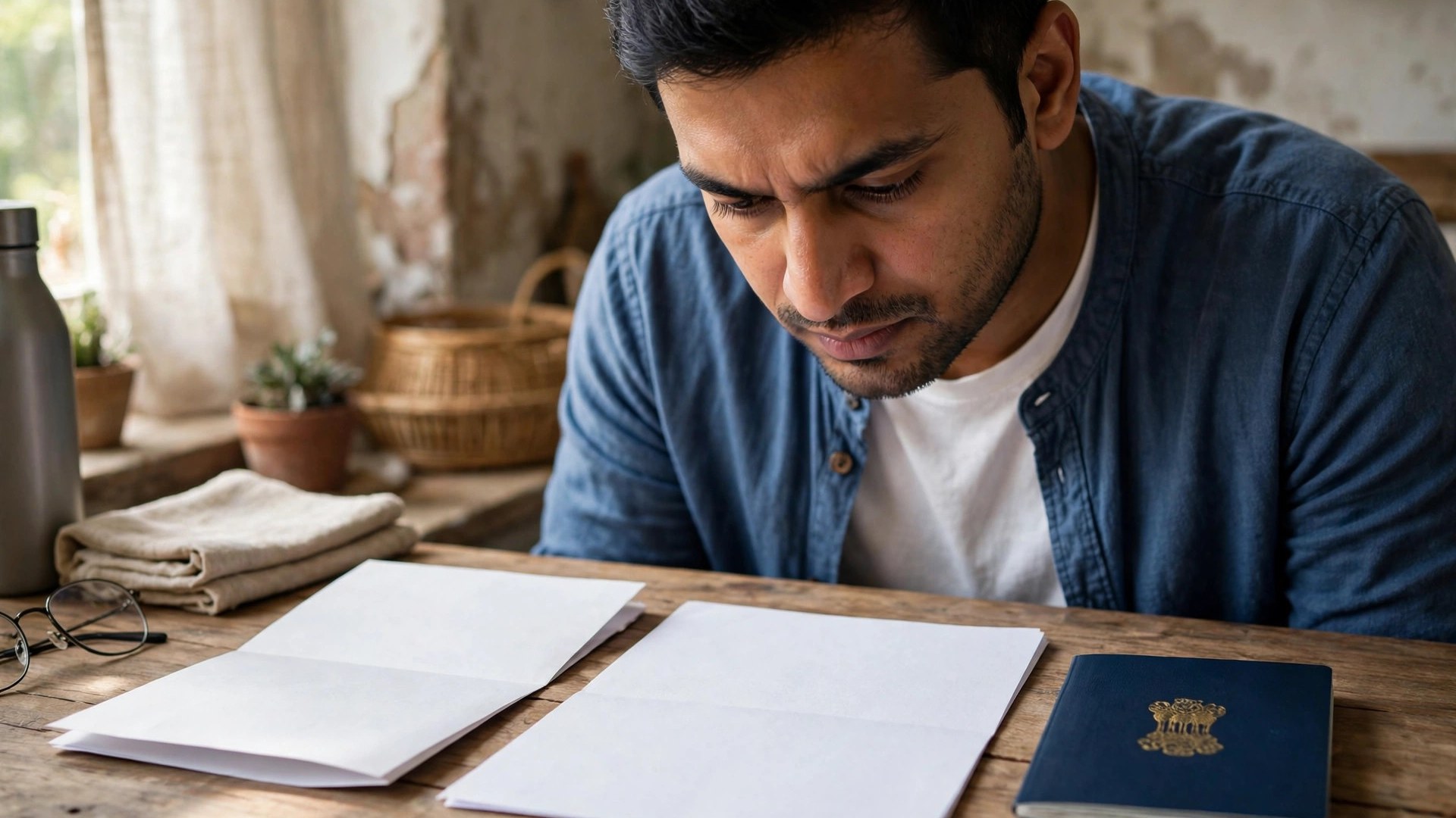 Overseas Job Contract Guide: 12 Checks Before You Sign It Indian worker comparing offer letter, contract and passport documents side by side at home