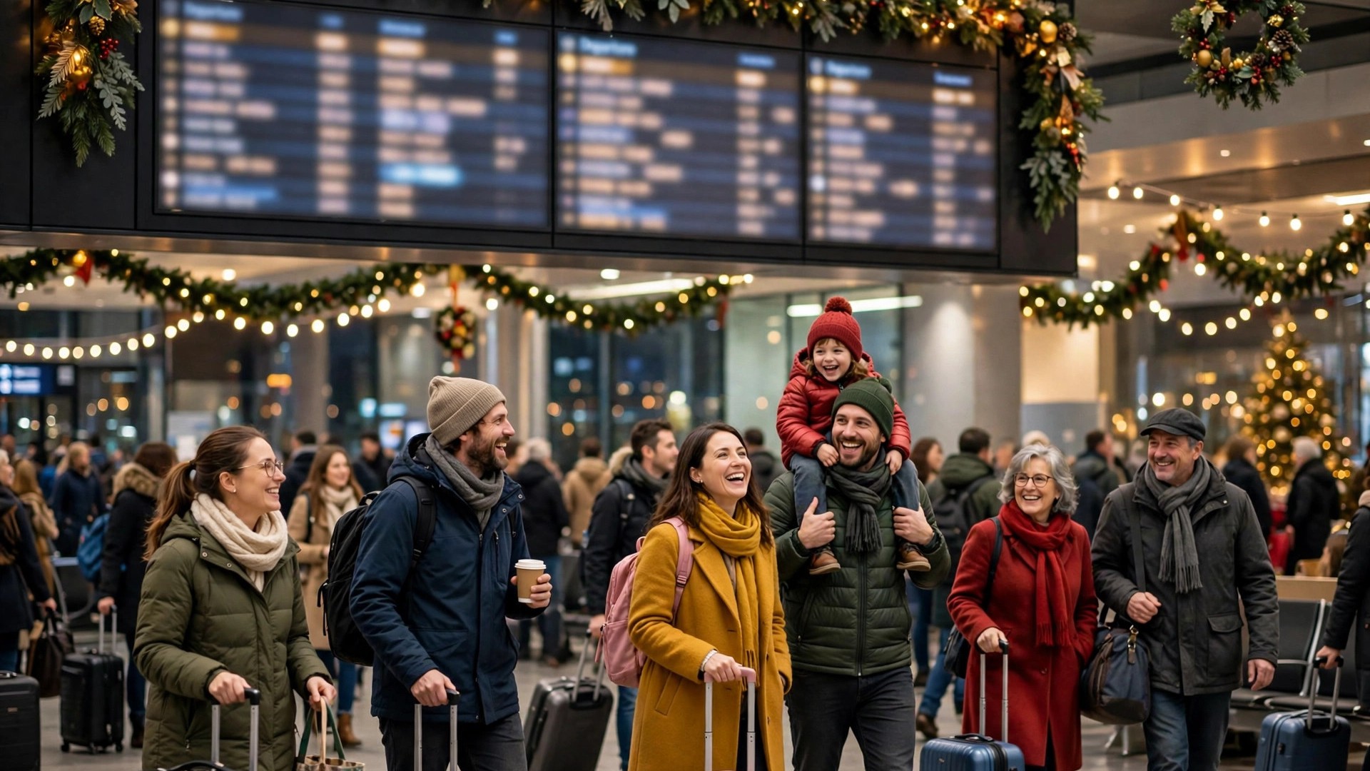 Airport departure area with travellers and luggage during festive season