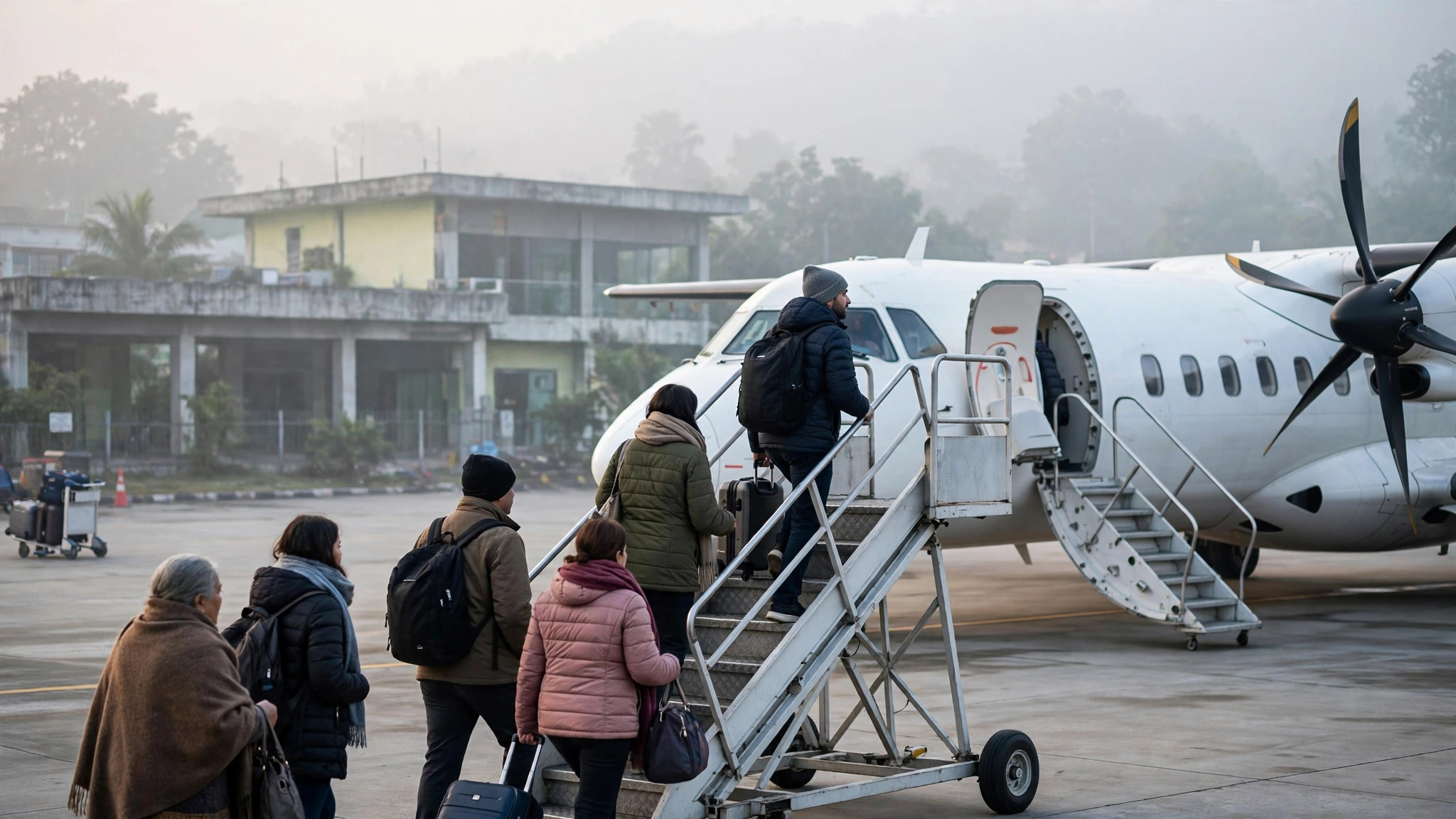 Passengers boarding aircraft at regional Indian airport in winter morning light