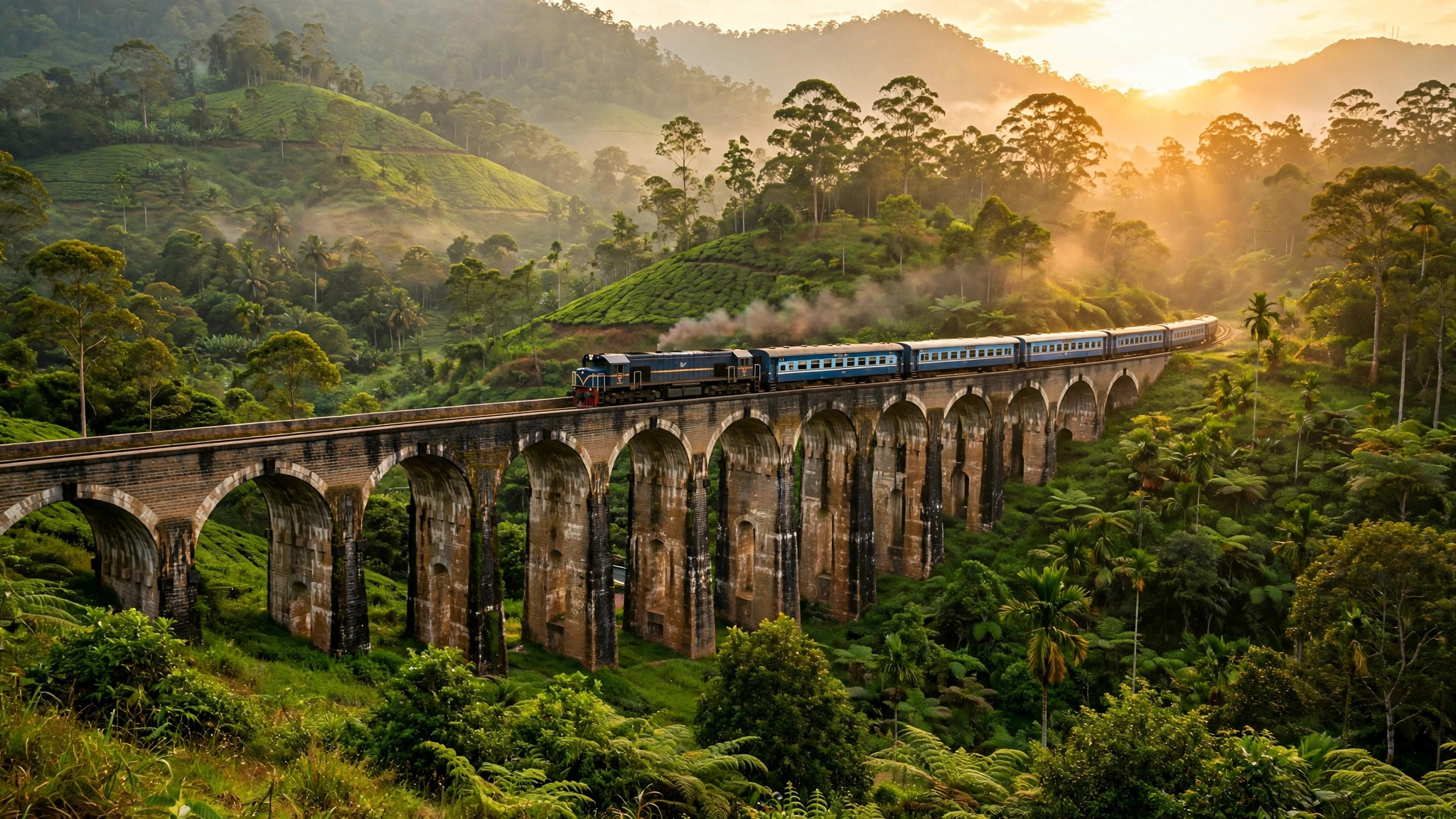 Sri Lanka 5-Day Tour Package: Ramayana Trail Itinerary Guide Nine Arches Bridge in Ella with train crossing, lush green valley