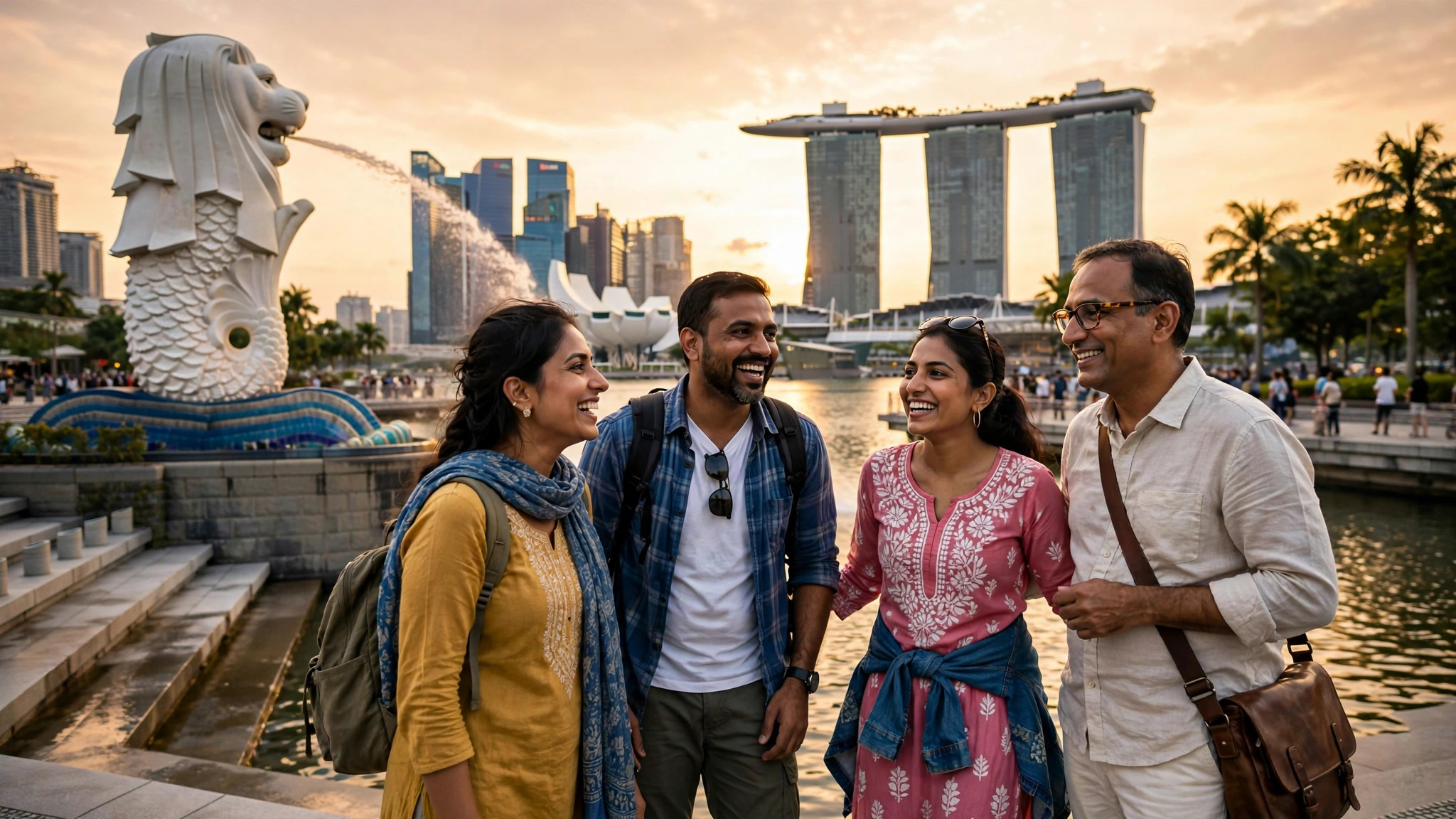 Indian travelers exploring Marina Bay Sands and Merlion Park at golden hour