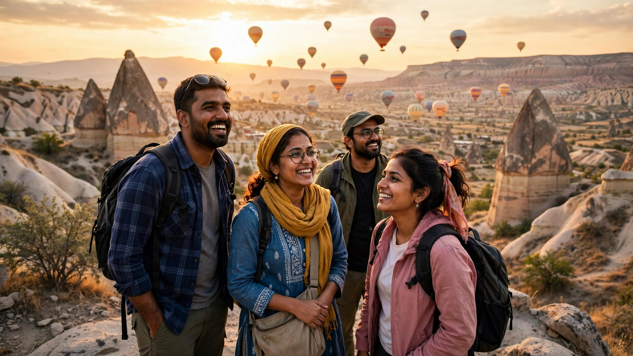 Indian travelers enjoying Cappadocia hot air balloons at golden hour, Turkey