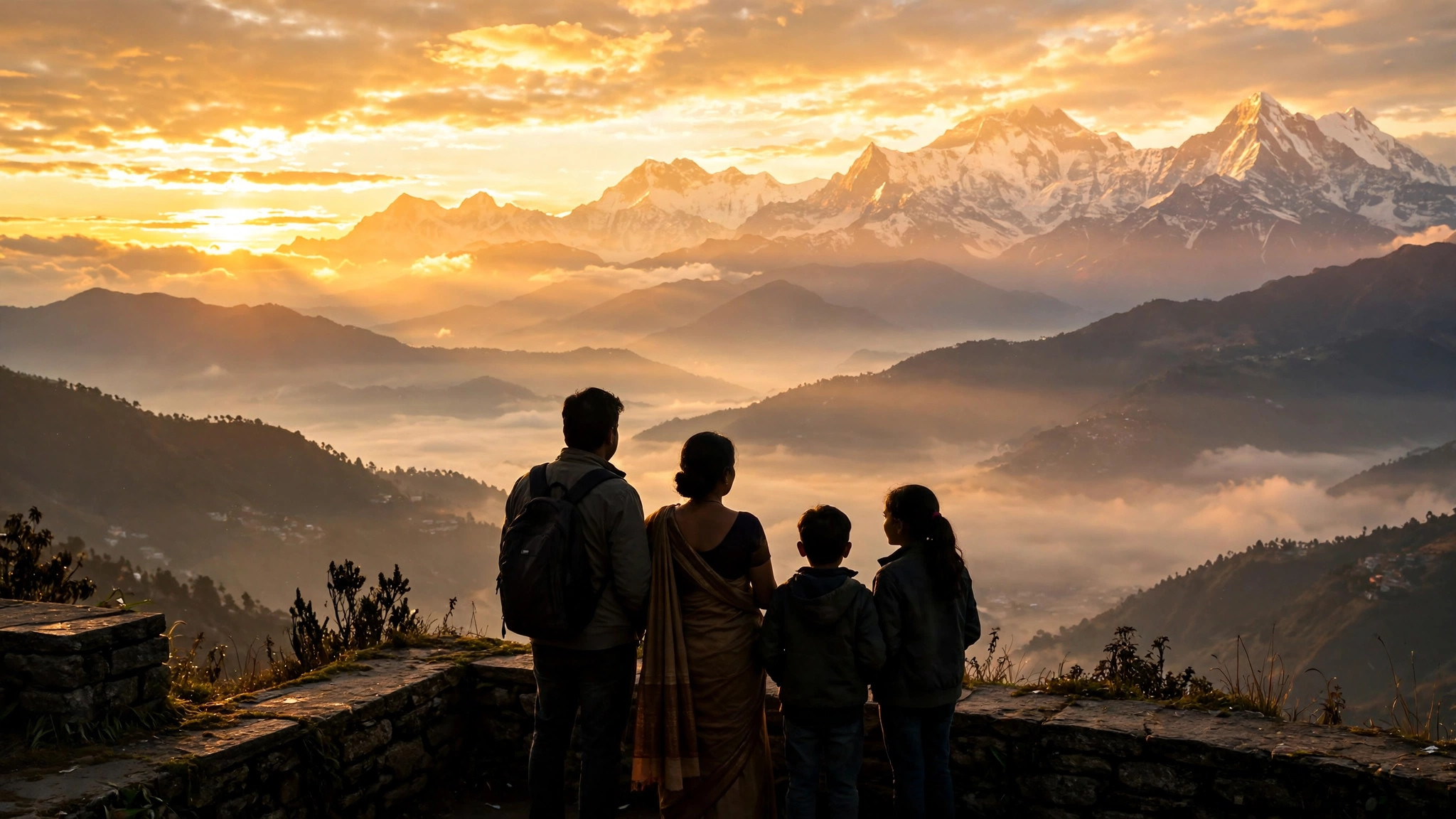 Himalayan sunrise view from Nagarkot with Indian family
