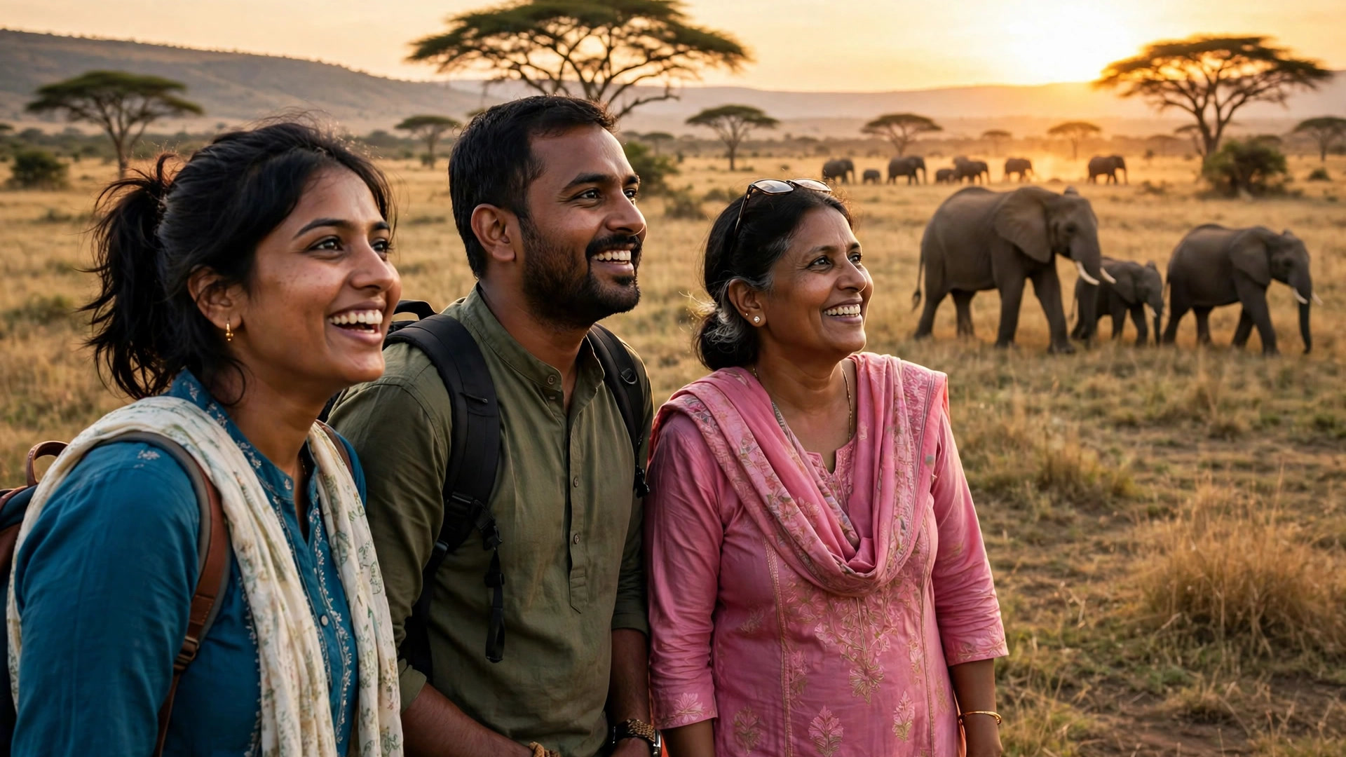 Kenya eTA for Indians: Application Process and Travel Guide Joyful Indian travelers exploring the Masai Mara safari at golden hour