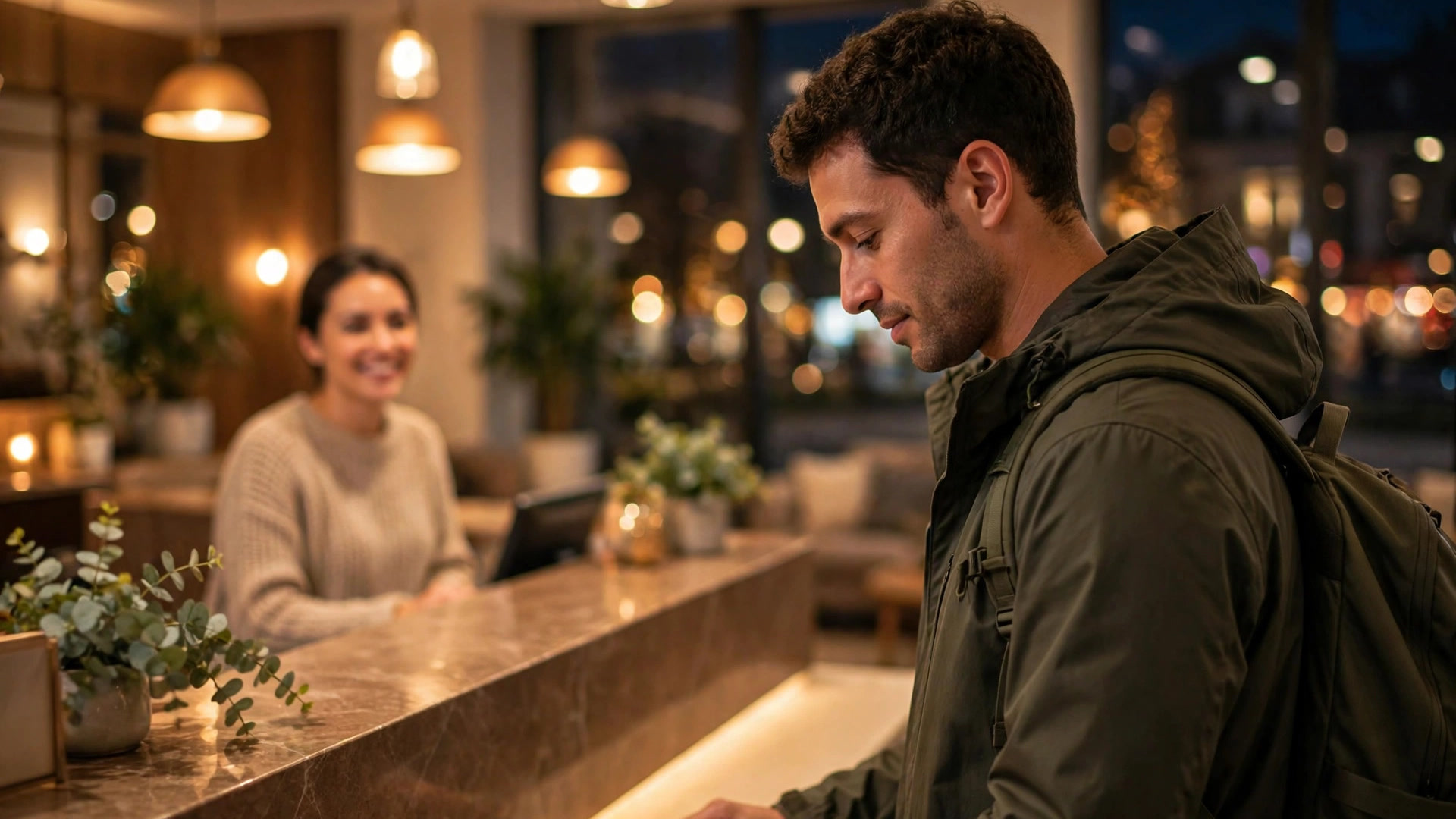 Hotel Booking Fraud: 8 Smart Ways to Keep Your Money Safe Traveller safely checking in at a bright, verified hotel reception counter at night
