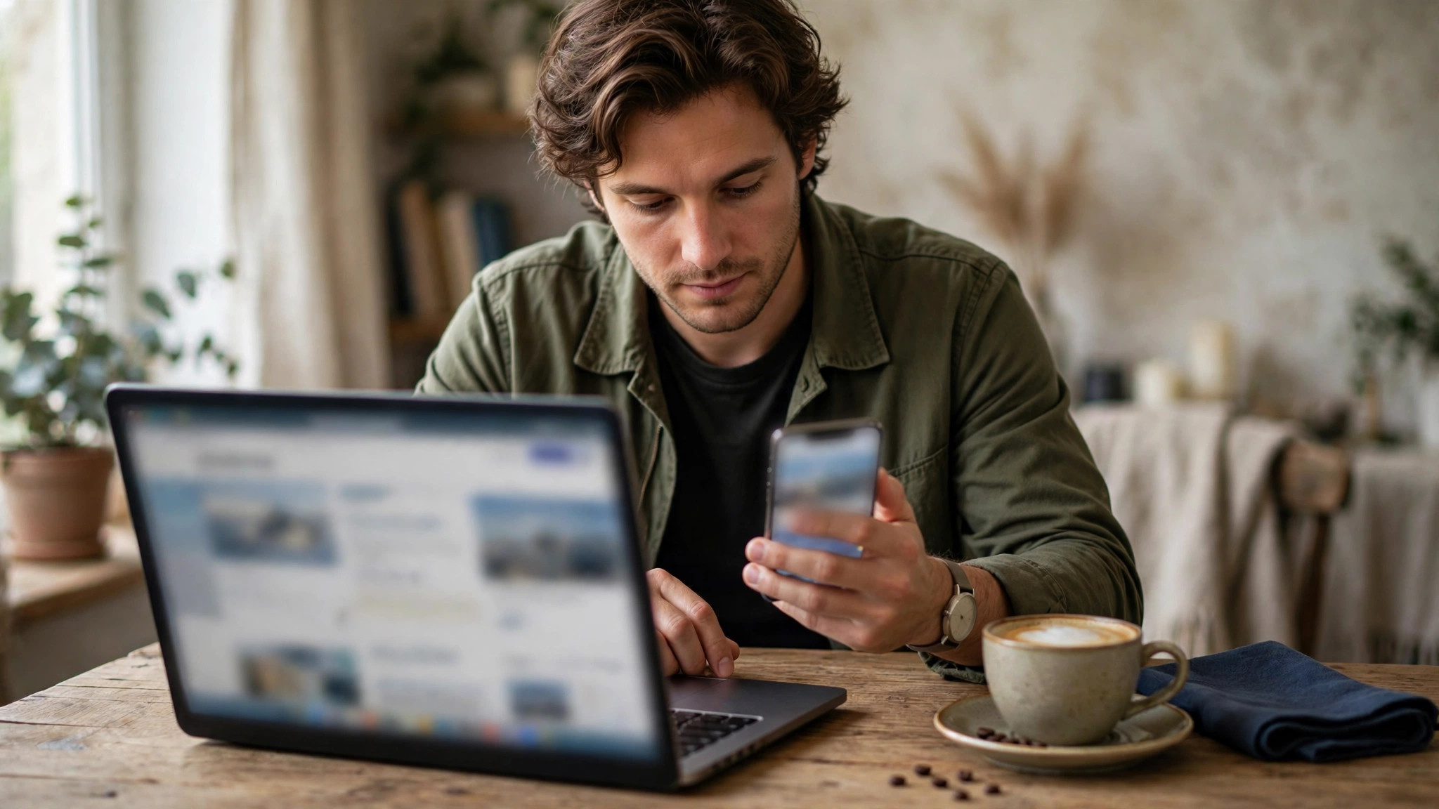 Festive Season Flight Tickets: Booking Tips to Save Money Traveller comparing flight prices on laptop and phone at home with coffee