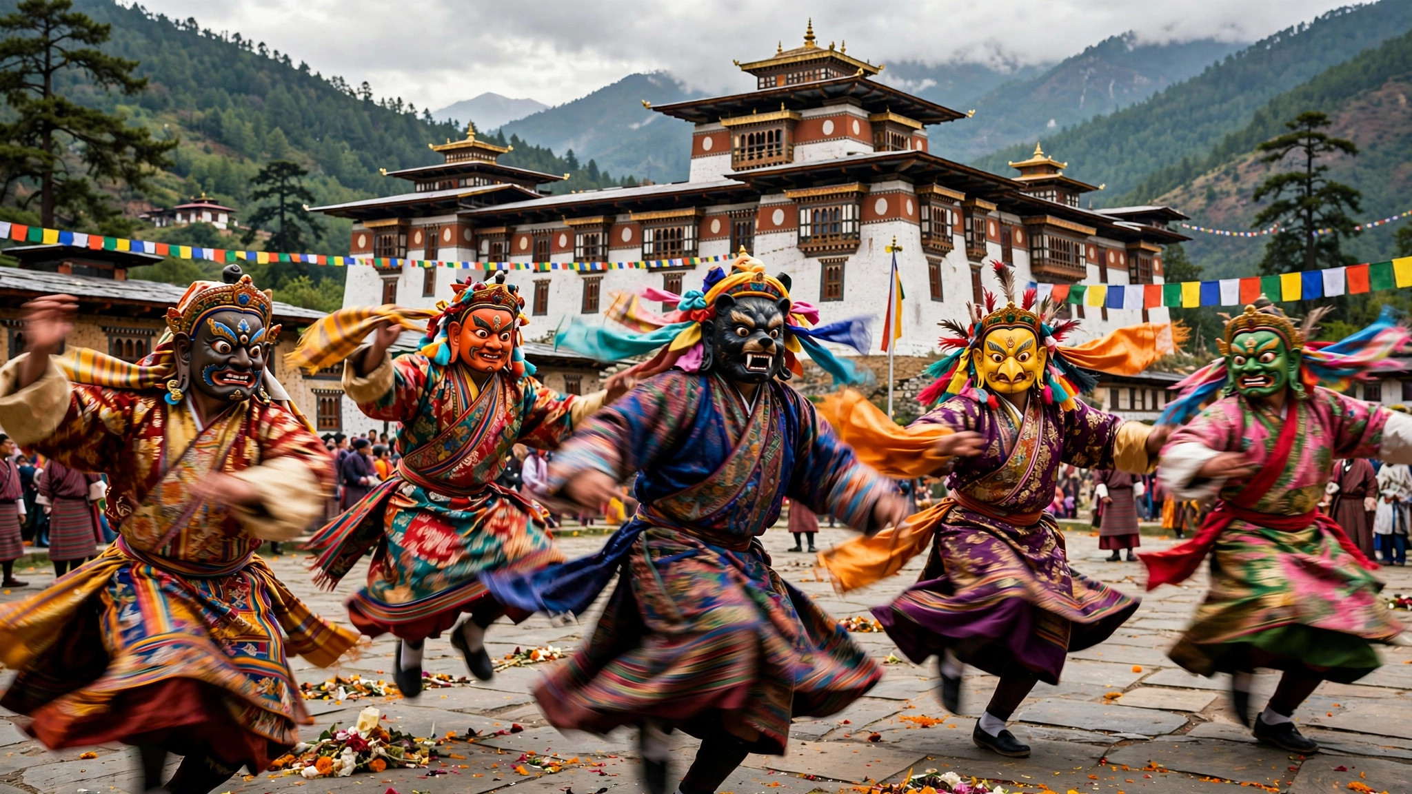 Bhutan 5-Day Package: Peaceful Himalayan Itinerary Guide Colourful masked dancers at a Bhutanese festival with a dzong behind