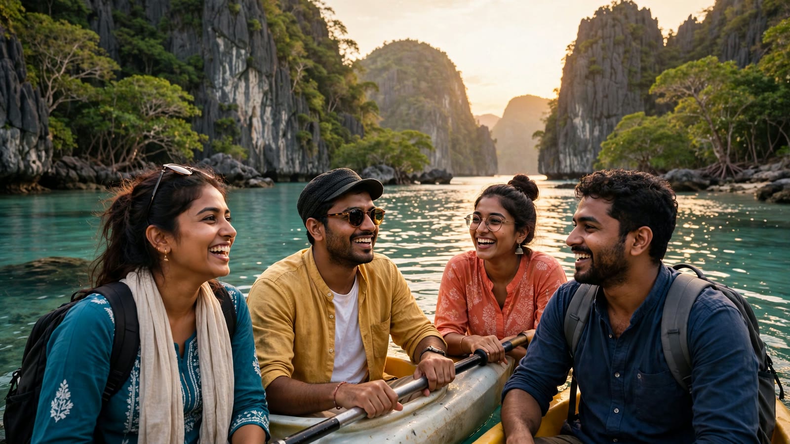 Joyful Indian travelers exploring El Nido lagoons in Palawan, Philippines at golden hour