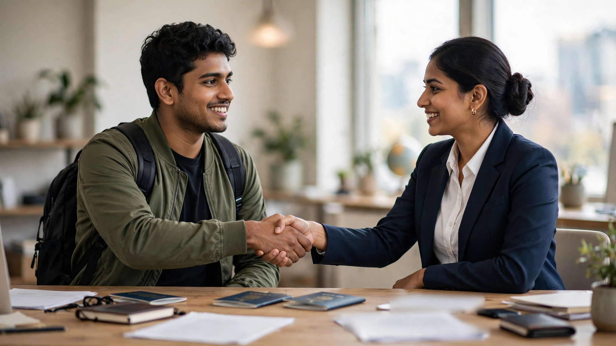 Confident Indian traveller shaking hands with a professional travel consultant across a desk