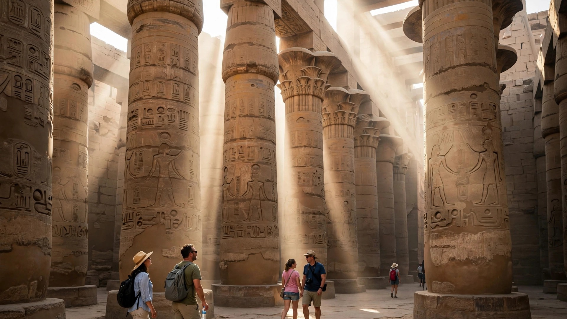Egypt 6-Day Tour Package: Cairo, Pyramids and Nile Itinerary Karnak Temple columns in Luxor with dramatic light streaming through
