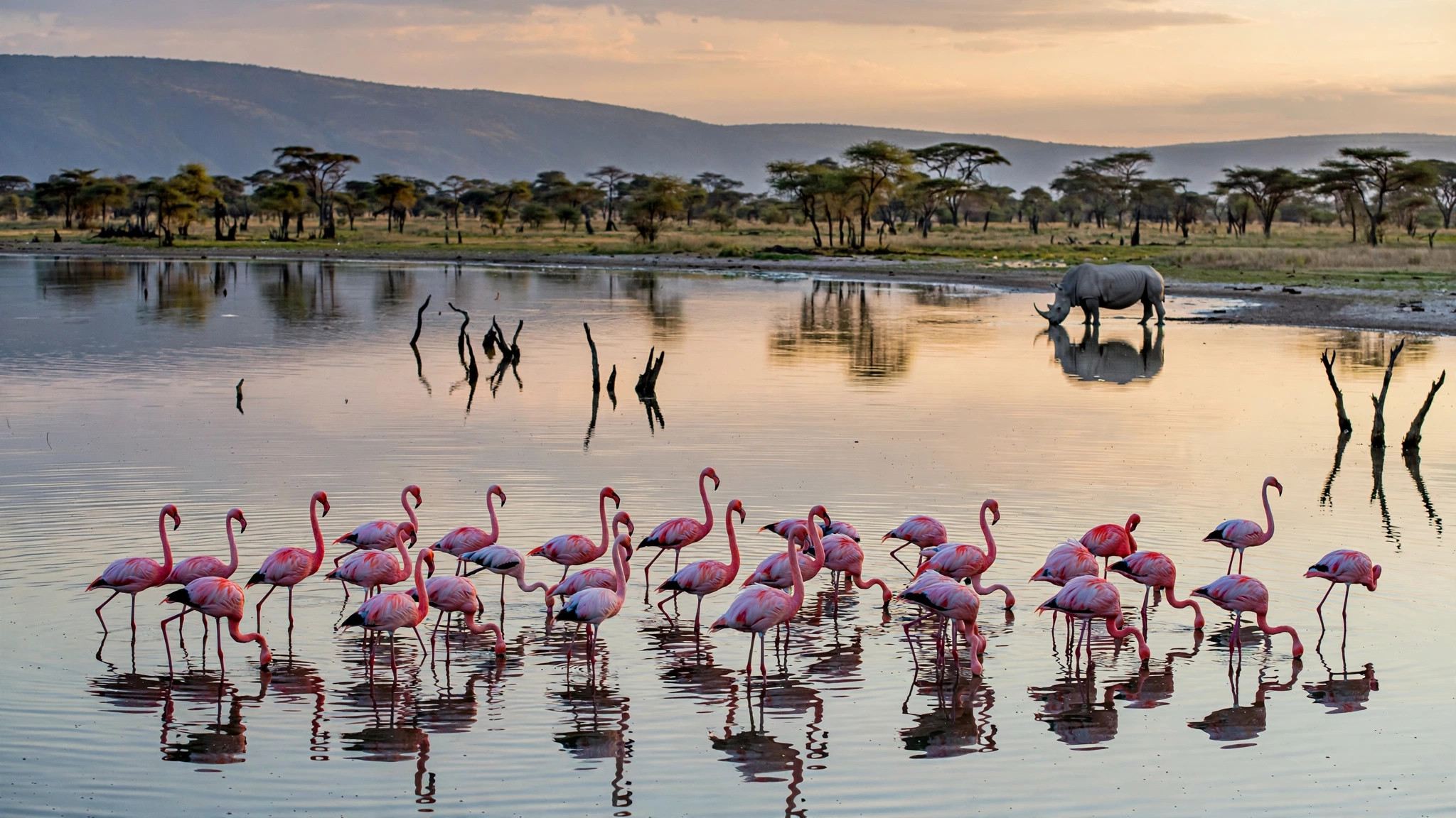 Kenya Safari Tour Package for Indians: 5-Day Itinerary and Cost Flamingos on Lake Nakuru with a rhino in the background, soft evening light
