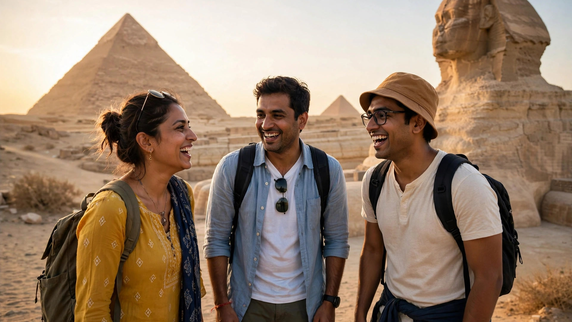 Indian travelers exploring the Pyramids of Giza at golden hour