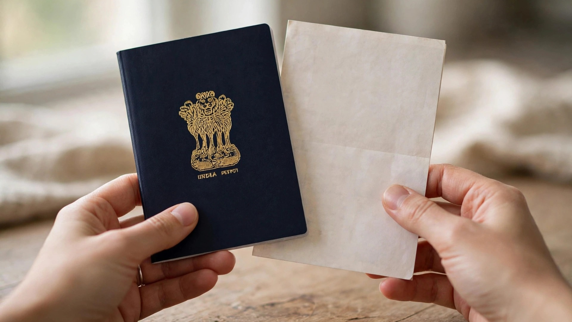 Hands holding work permit document and Indian passport on a desk