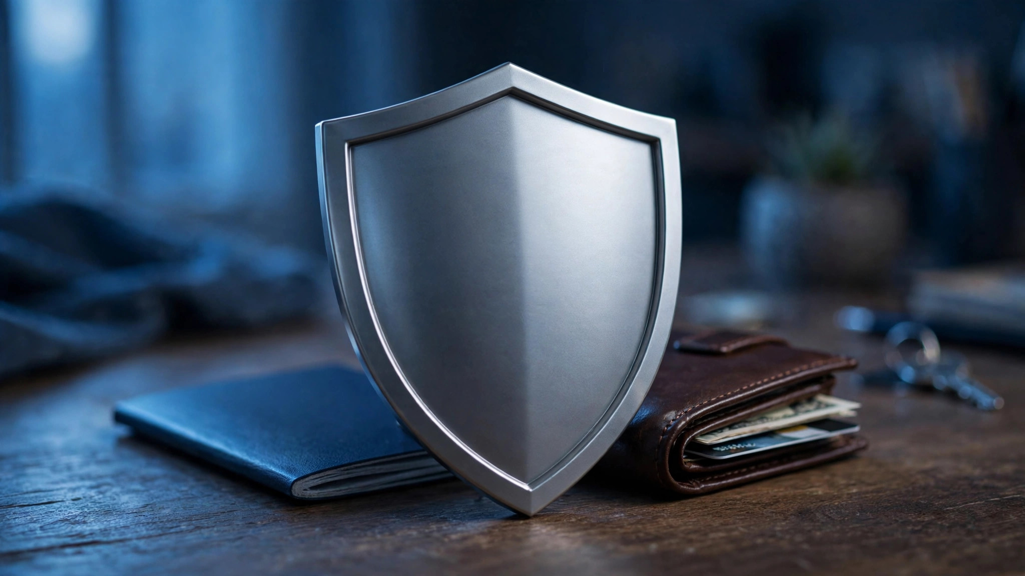 Advance Payment Fraud: 6 Checks Before Paying Any Agent Shield icon protecting a wallet and passport on a desk, fraud protection concept