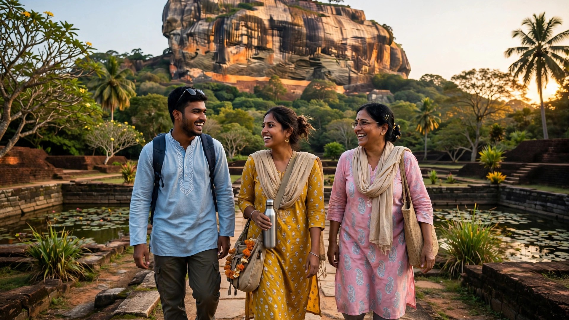 Indian travelers exploring Sigiriya Rock Fortress at golden hour