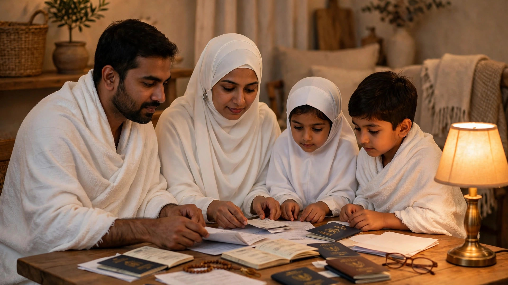Indian Muslim family in ihram preparing travel documents at home before Umrah