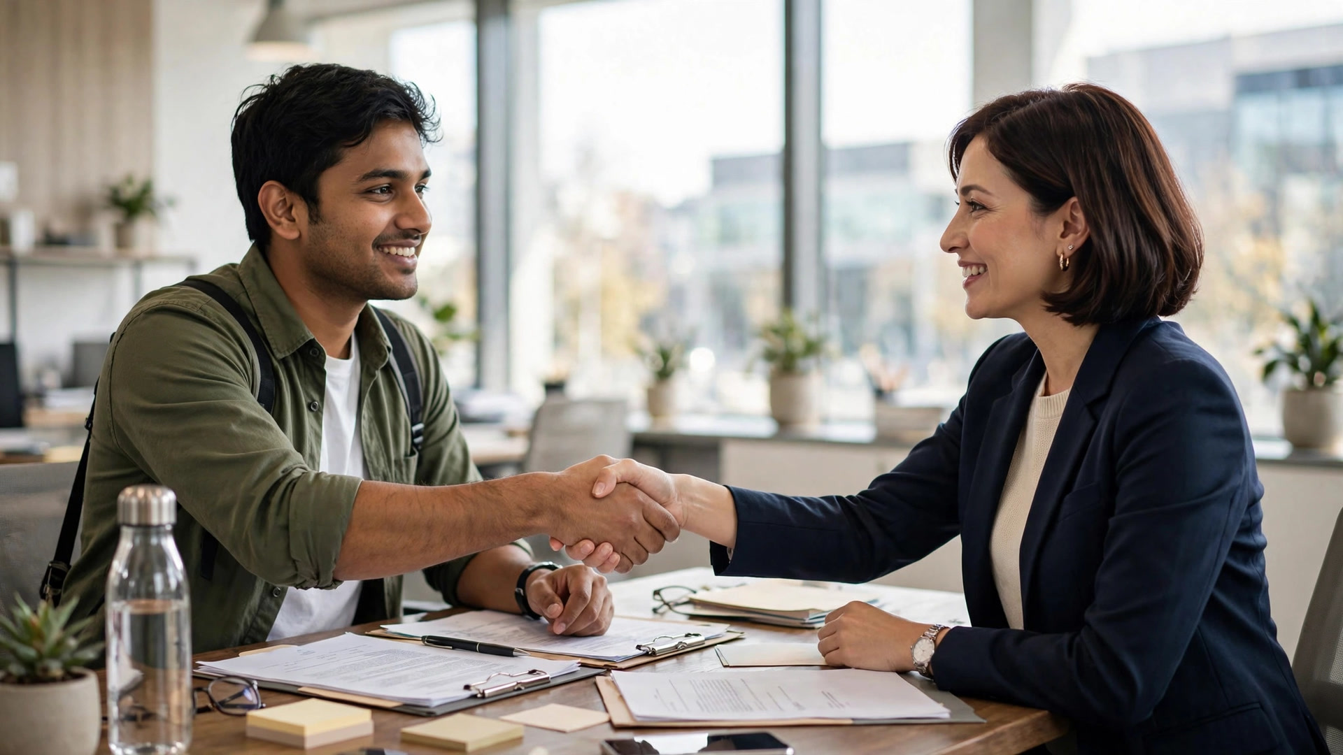 Job seeker shaking hands with consultant after safe verification