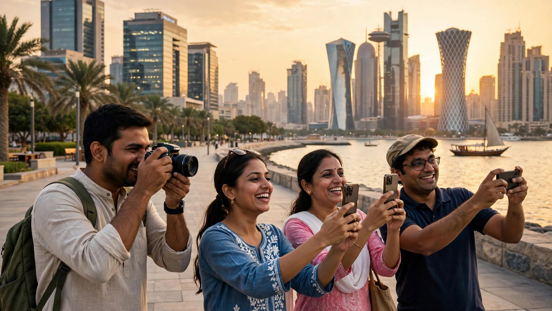 Happy Indian tourists taking photos on the Doha Corniche at sunset