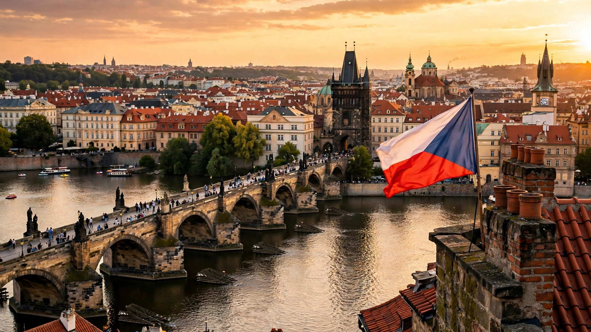 Czechia Work Visa for Indians: Automotive Factory Jobs Guide Prague's Charles Bridge and old town rooftops at golden hour with a Czech flag