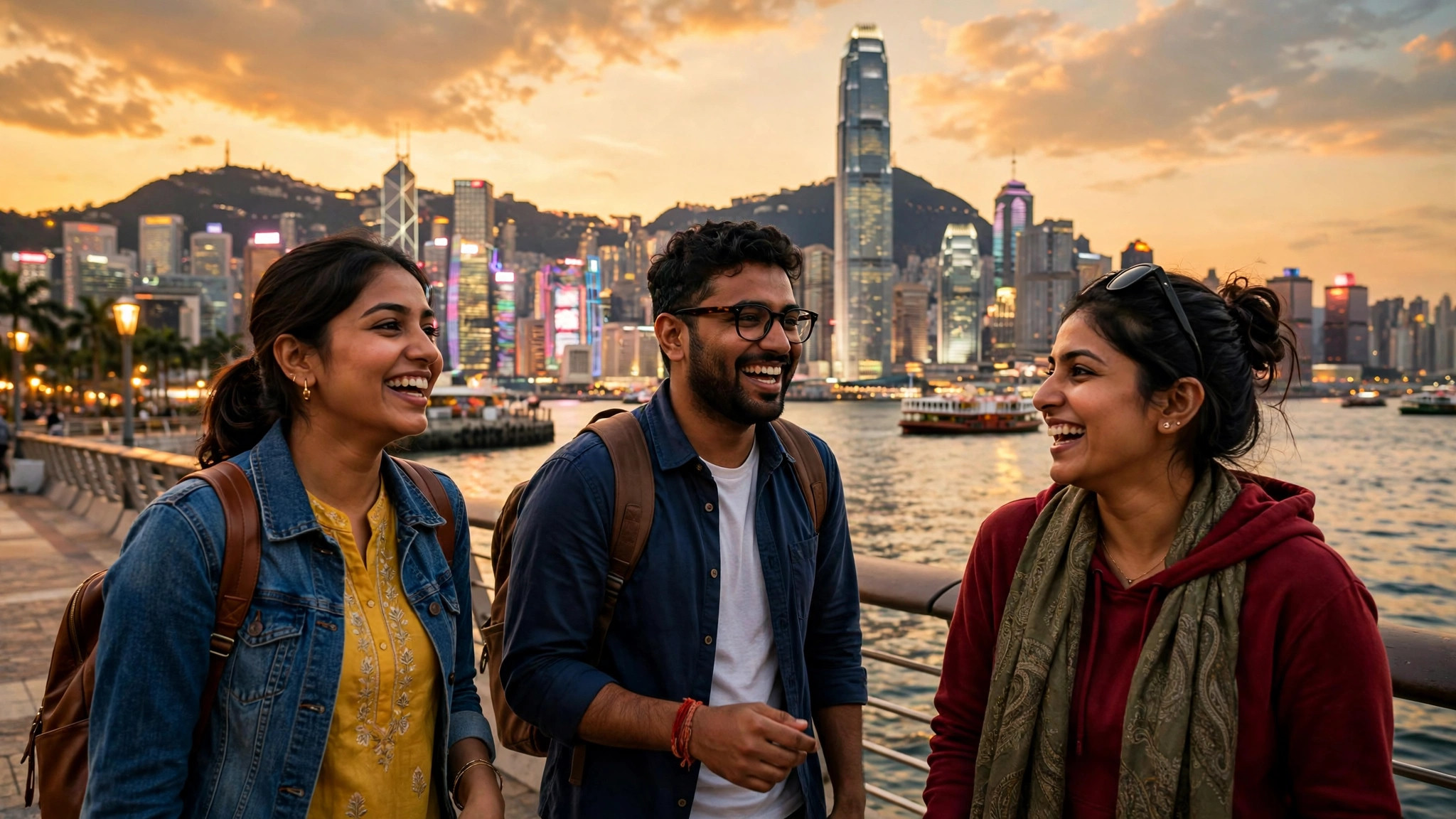 Joyful Indian travelers exploring Victoria Harbour, Hong Kong at golden hour