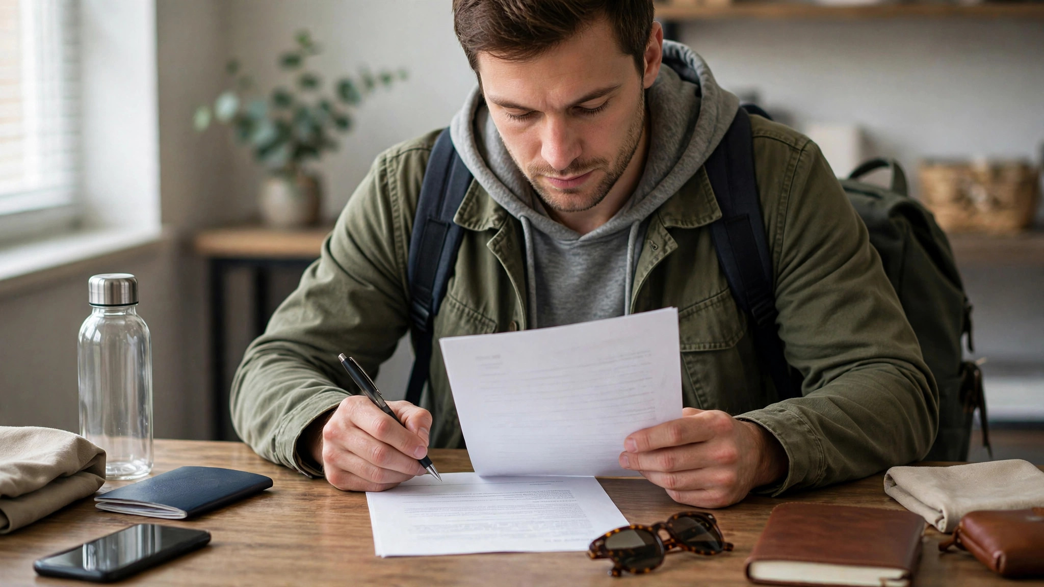 Visa application agreement - traveller carefully reading a written agreement before signing