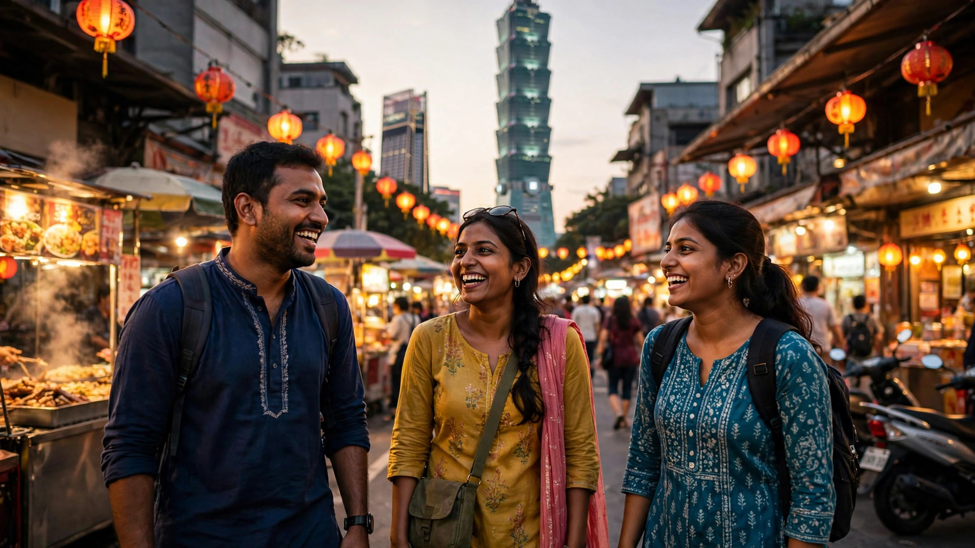 Indian travelers exploring Taipei 101 and night markets in Taiwan