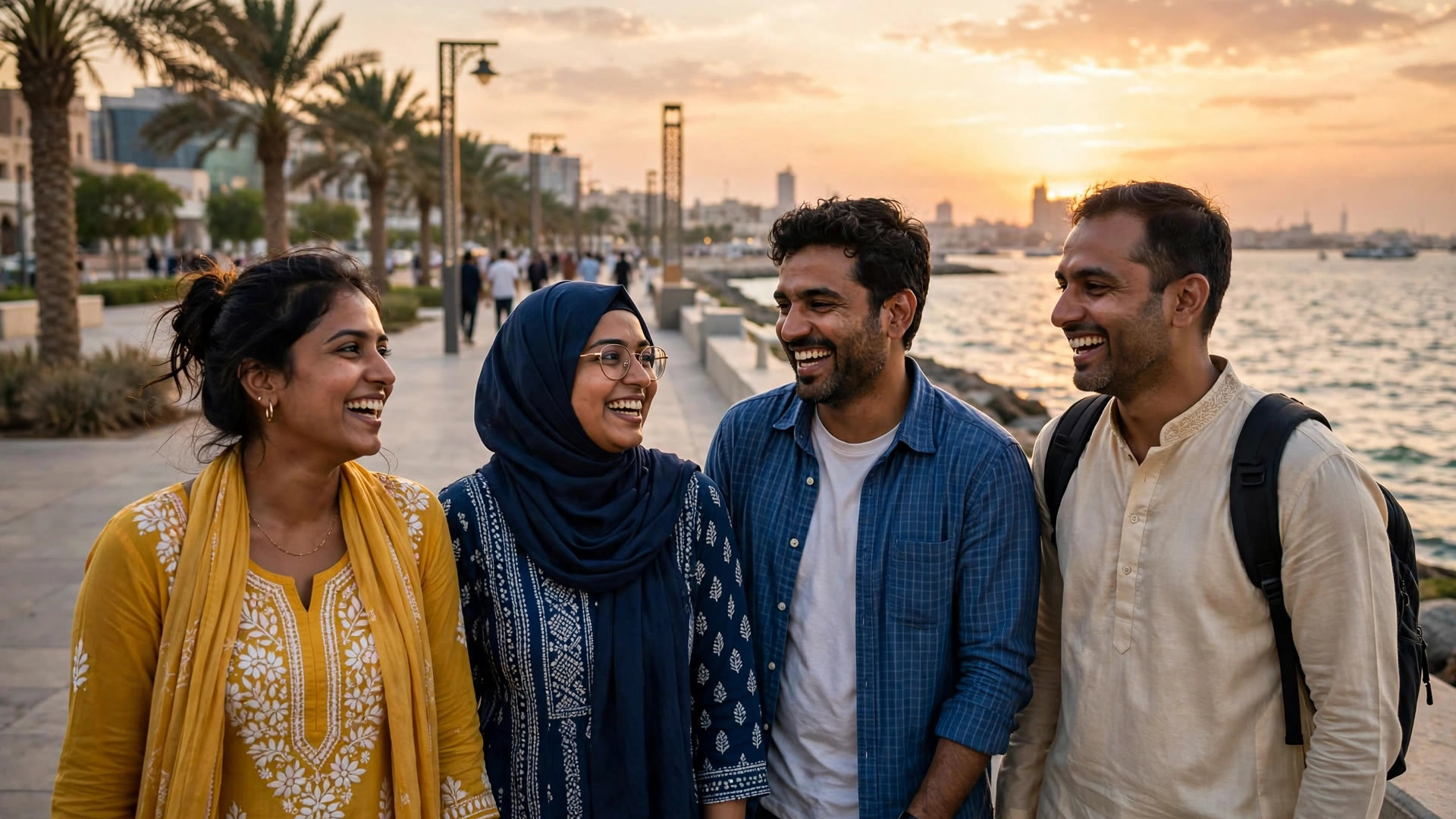 Indian travellers enjoying Jeddah Corniche by the Red Sea at sunset