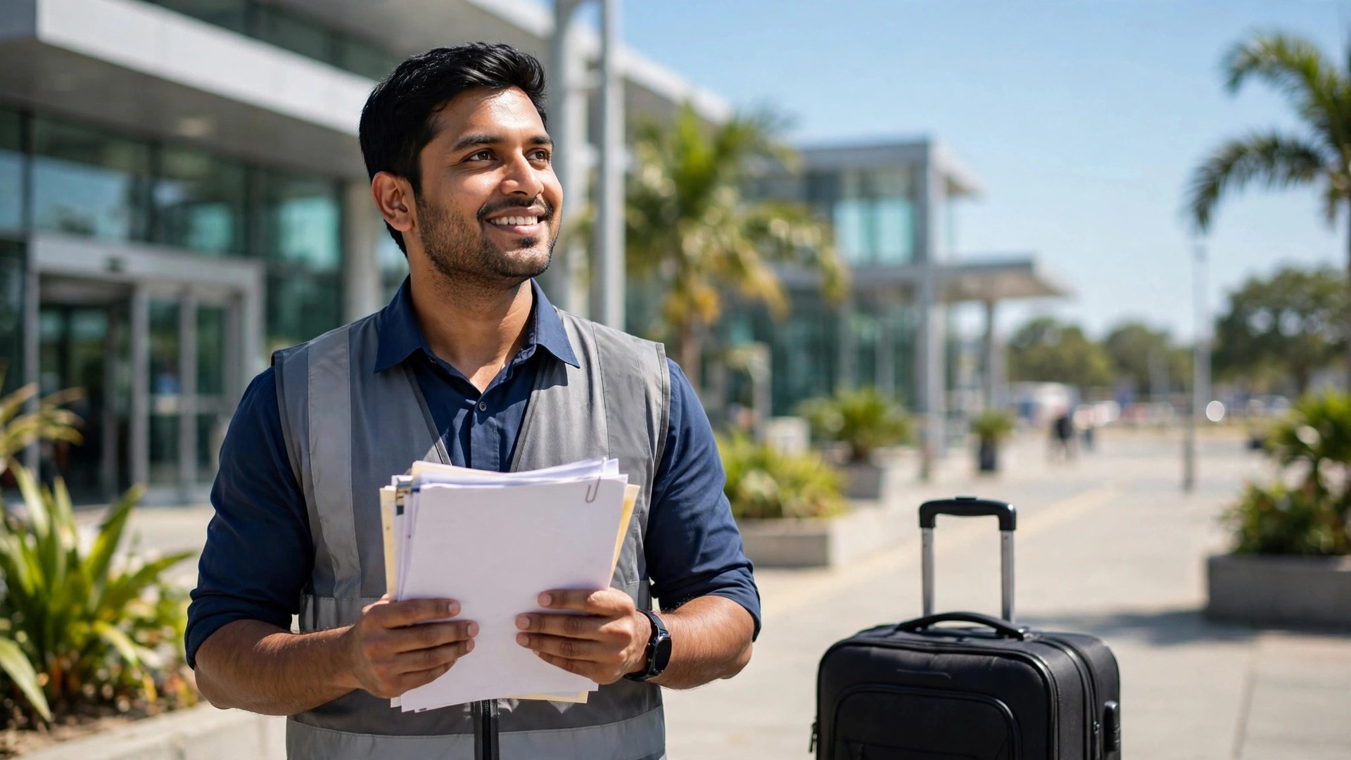 Overseas Job Contract Guide: 12 Checks Before You Sign It Confident Indian worker with signed documents and suitcase ready for an overseas job journey
