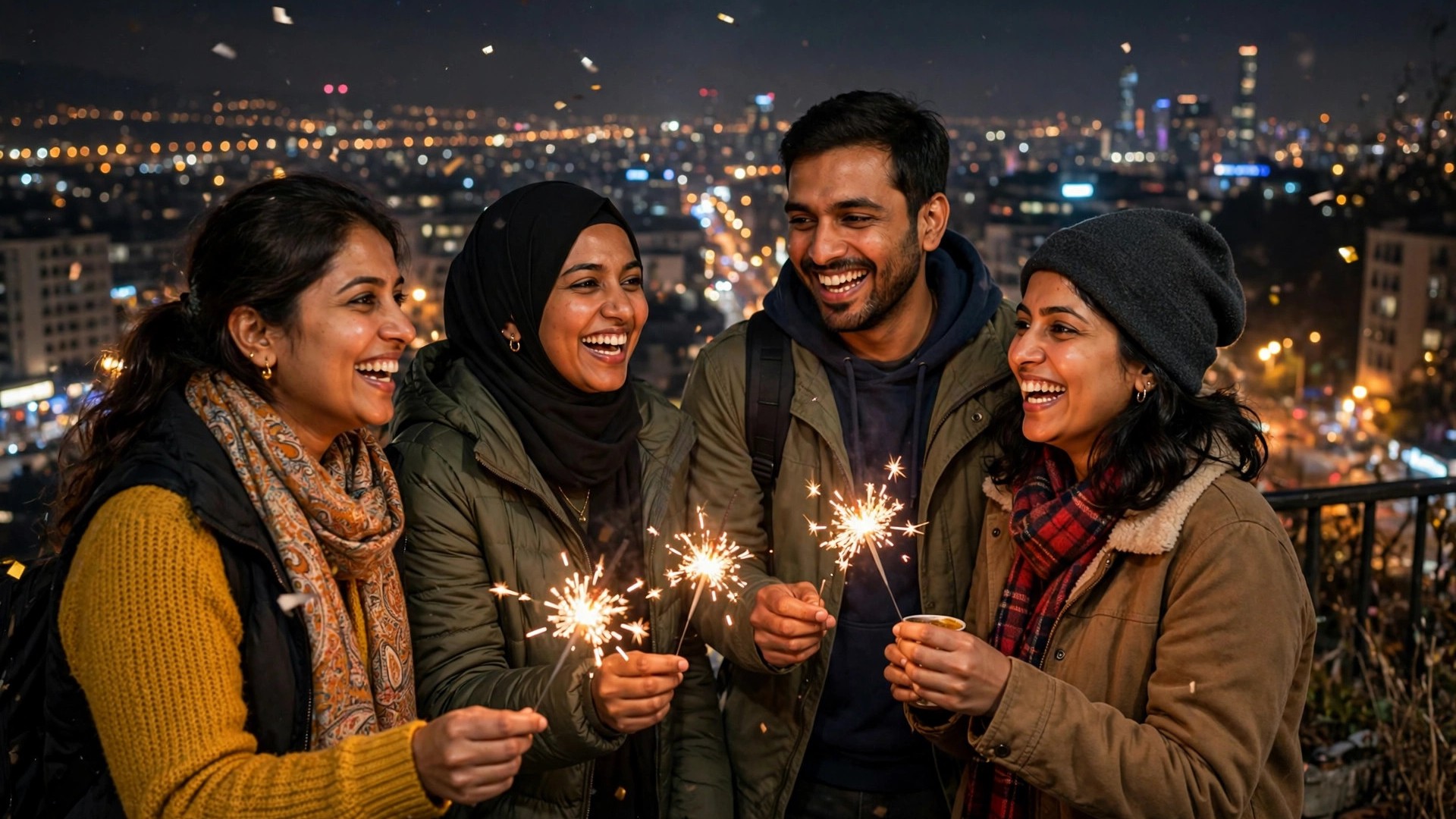 Happy Indian travellers celebrating New Year outdoors with city lights