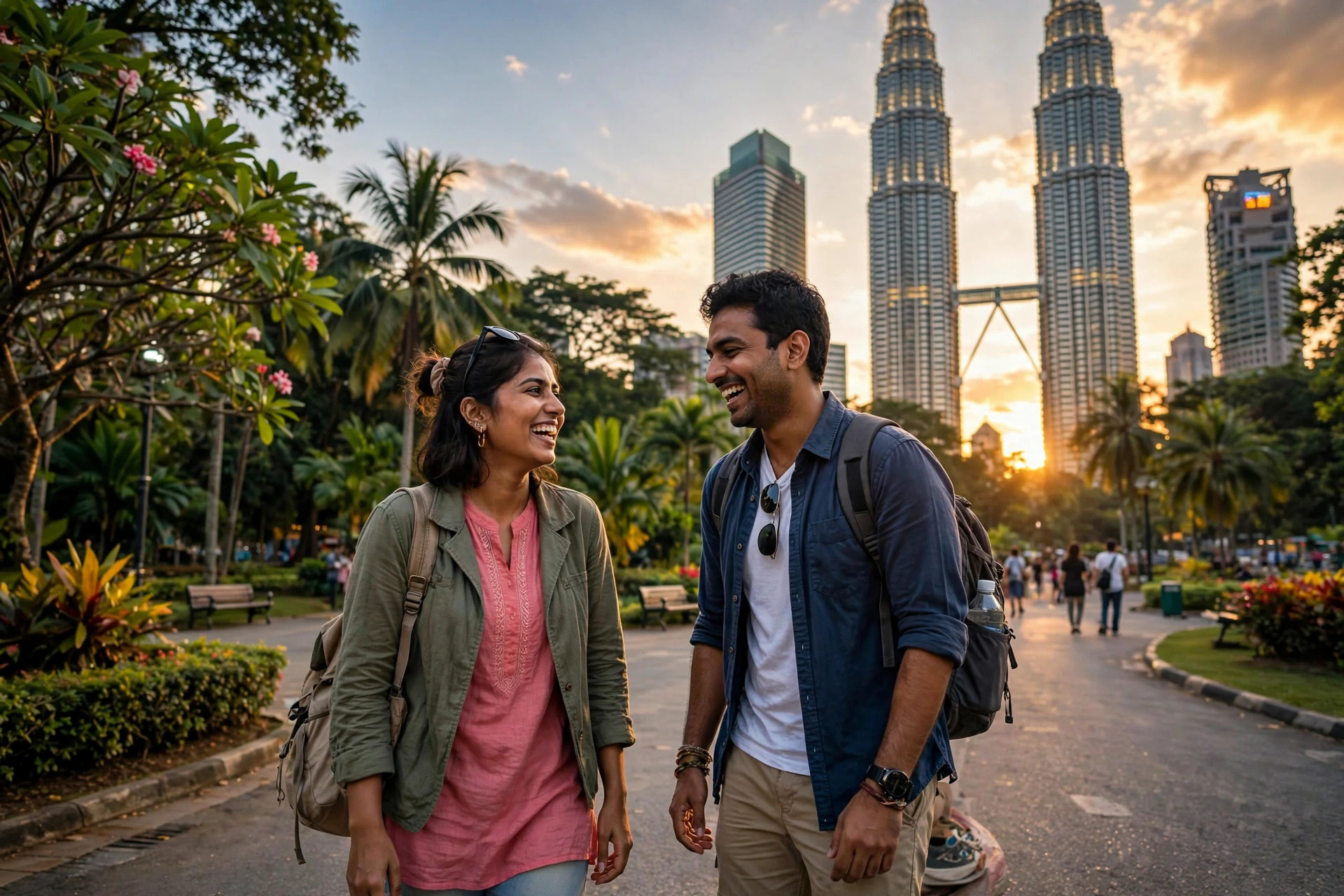 Malaysia Arrival Card for Indians: MDAC Guide and Travel Tips Indian travelers enjoying Kuala Lumpur at golden hour