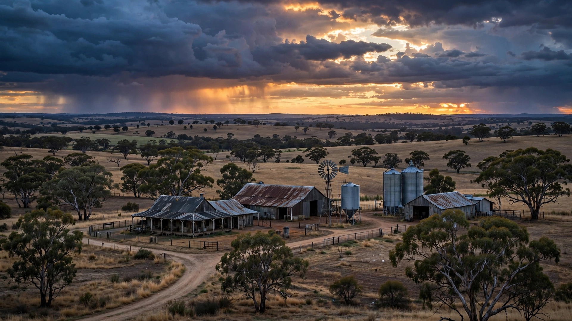 Australia Farm and Warehouse Jobs for Indians: Visa Options Guide Australian countryside with farm buildings at dusk, dramatic sky