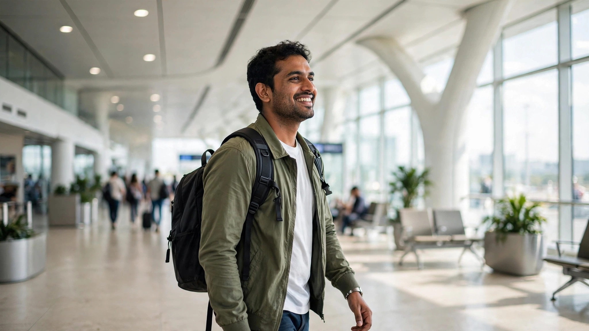 15-Day Trip Packing Checklist: Travel Smart and Pack Light Smiling Indian traveller with light backpack in airport terminal