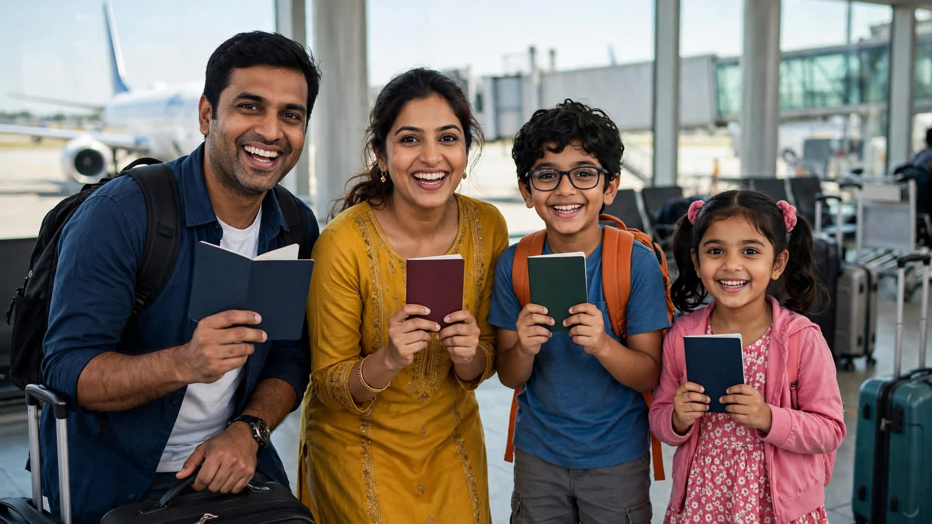 Happy Indian family with suitcases at airport departure gate holding passports
