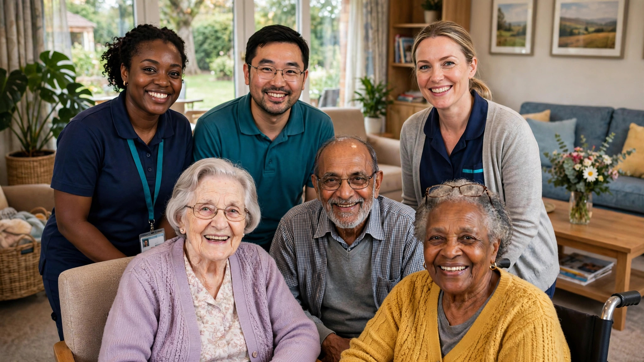 UK Care Worker Visa: Rules, Salary and Eligibility Guide Diverse care team smiling with elderly residents in bright UK care home lounge