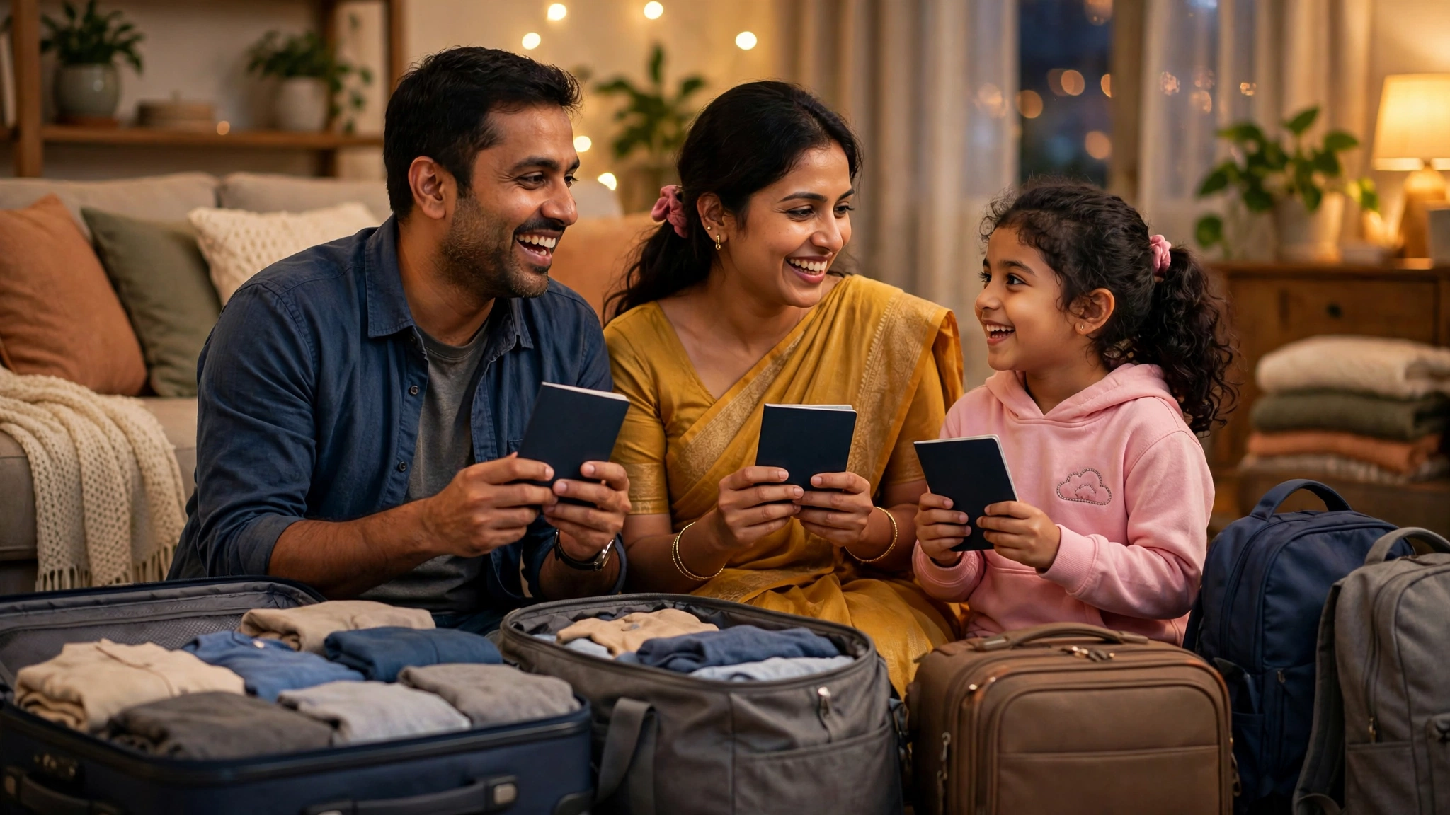 An Indian family preparing for international travel with passports and luggage